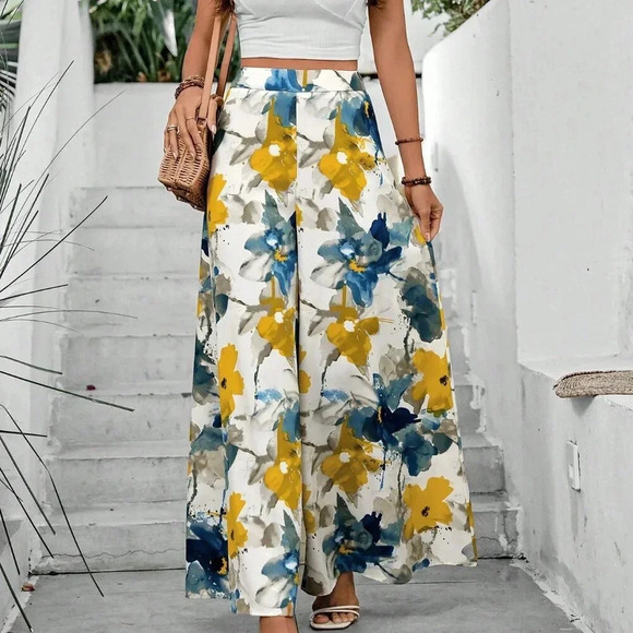 White Boho Women's Floral Print Super Wide-Leg Pants - Picture 4 of 5